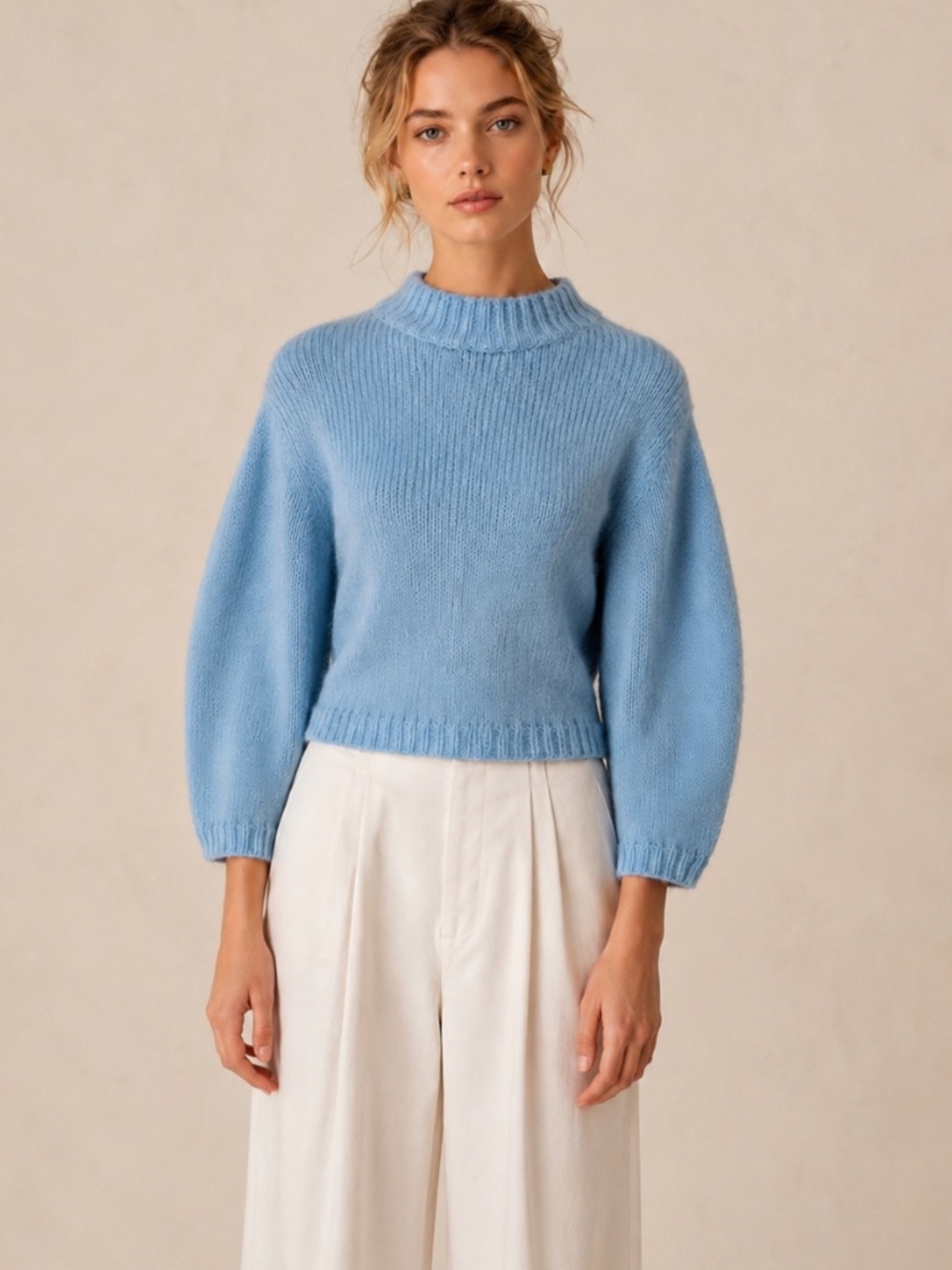 Tibi Alpaca Wool Mock Neck Cropped Sweater Blue XS